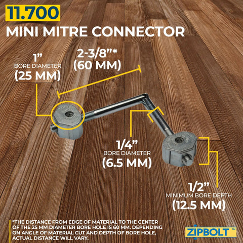 No Sweat Ultra Slim Miter Connector For Knockout Wood Joints shown with bore depths and diameters on wood background.