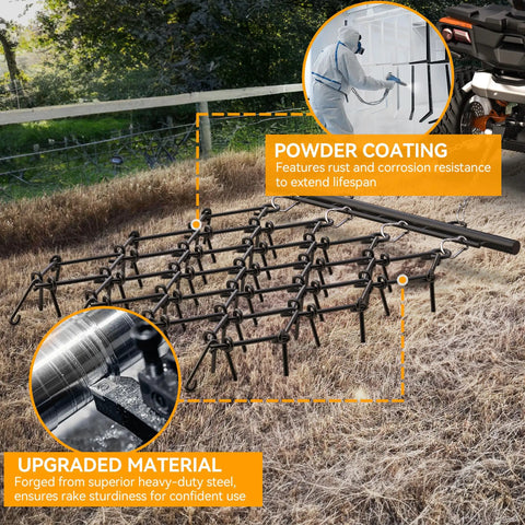 Heavy Duty ATV Chain Drag Harrow 4 Foot Wide By 4 Foot Long With One Half Inch Tines showing powder coating process and upgraded material
