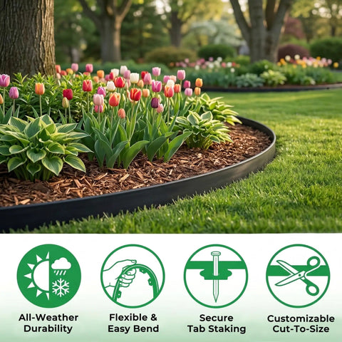 1.5 Inch Tall Landscape Edging Kit With 33 Ft Per Piece, 3 Pack Includes 120 Spikes, No Dig Lawn Border used around flower beds