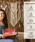 Woman holding Dope Macrame Starter Kit For Adults Beginners With 112 Piece Supply Pack And 7 Projects, 165 Yards Of 3Mm Cotton Cord.