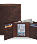 Mens Trifold Leather Wallet With RFID Blocking Slim Minimalist Front Pocket Dope Look Real Leather For Everyday Carry ID Window And Card Slots Lightweight Durable Build Gift Box Included, showing open with card and cash slots visible.