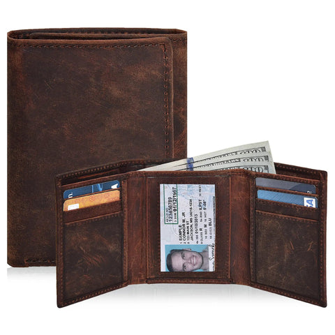 Mens Trifold Leather Wallet With RFID Blocking Slim Minimalist Front Pocket Dope Look Real Leather For Everyday Carry ID Window And Card Slots Lightweight Durable Build Gift Box Included, showing open with card and cash slots visible.