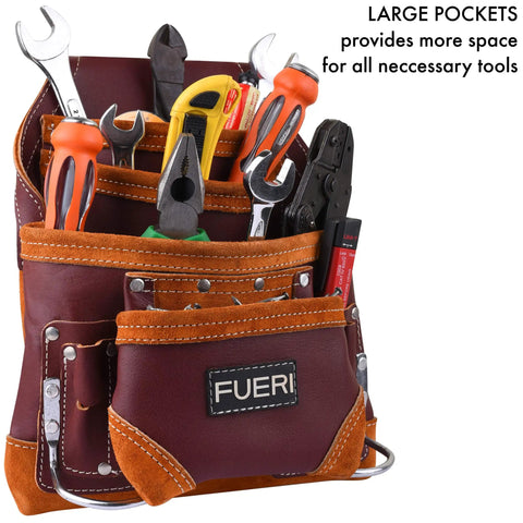 Maroon Leather Tool Pouch With Triple Hammer Holders And 10 Pockets For Construction Pros Carpenters Electricians Framers And Garden Work Built To Last Heavy Gauge 2.5-2.75mm Leather filled with tools