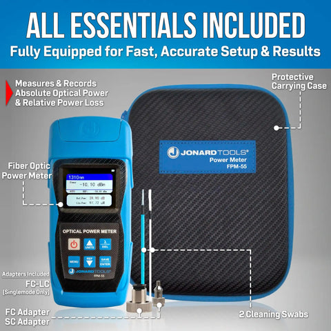 FPM-55 Pro Grade Fiber Optic Power Meter With USB Data Storage, 850-1650 Nm Range, carrying case, adapters, and cleaning swabs.