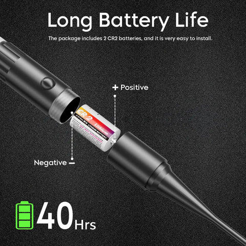Green Laser Bore Sight Kit with CR2 battery showing installation and 40-hour life for easy setup and quick alignment.