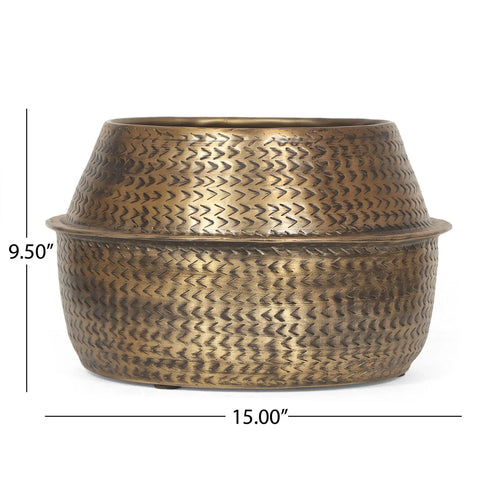 Caine Aluminum Planters In Aged Brass For Indoor Plants, handcrafted bowl style, 15x15x9.5 inches, vintage vibe, side view