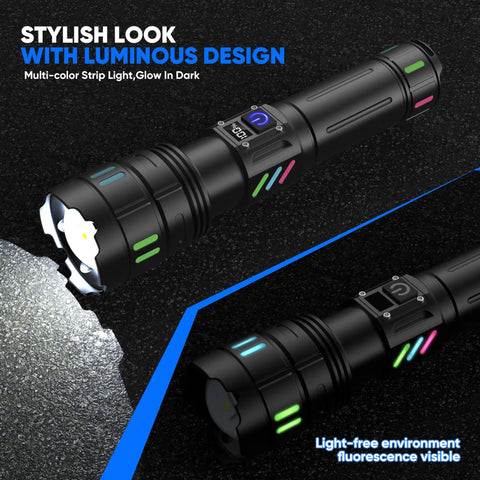 Beast Mode Rechargeable LED Flashlight 100000 Lumens Ultra Long Range 5000 Feet USB C Three Modes Single Button Super Bright Design