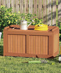 52 Gallon Outdoor Storage Bench With Flip Top For Cushions And Pool Supplies in a garden setting, solid wood construction.