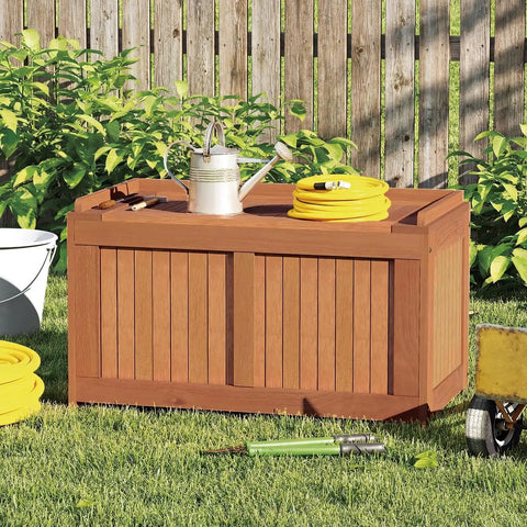 52 Gallon Outdoor Storage Bench With Flip Top For Cushions And Pool Supplies in a garden setting, solid wood construction.