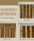 Floral Velvet Curtains 96 Inches Long With Bright Yellow Vintage French Country Print, showing three hanging options.