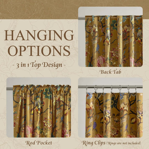 Floral Velvet Curtains 96 Inches Long With Bright Yellow Vintage French Country Print, showing three hanging options.