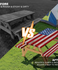 Before and after transformation of picnic table with Picnic Table Cover With Bench Covers, American Flag Design, 72 by 30 in size