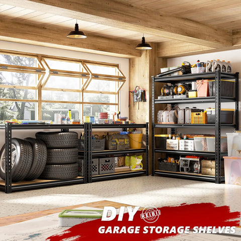 Beefy 2400 Lbs Garage Shelving System With 5 Adjustable Tiers Heavy Duty Storage Shelves in a home garage setting