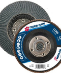 Close-up of Tiger Paw Flap Disc Four And One Half Inch Conical Ty29 Zirconium Grain 60Z with labeled packaging in view.