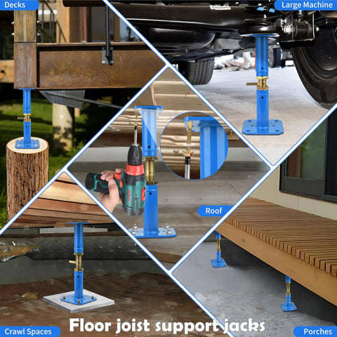 Image of Heavy Hitter House Jacks For Permanent Leveling Built Like A Tank Adjustable Screw Support Post 10000lb in use under decks, roofs, and porches.