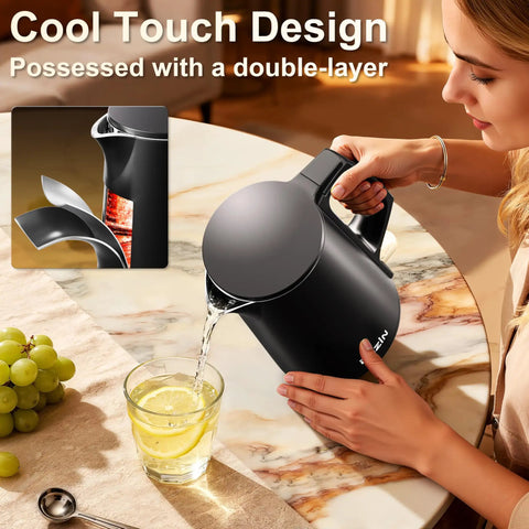 Woman pouring hot water from Compact 0.8L Travel Electric Kettle With Double Wall 304 Stainless Steel Auto Shut Off Portable Kettle for business trips