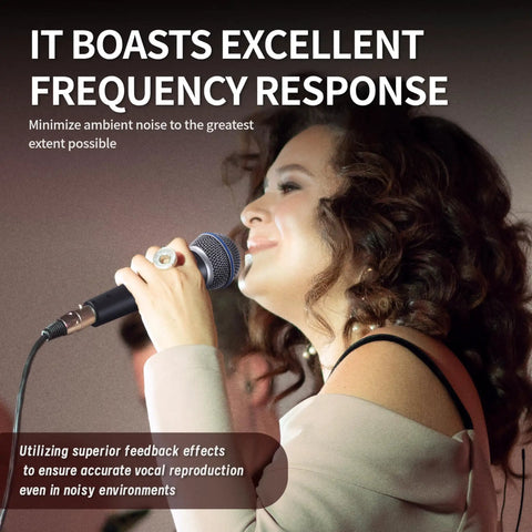 Singer using BT 58A Wired Dynamic Vocal Microphone For Singing on stage with supercardioid XLR mic, noisy environment caption