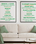 Instruction posters for Savage Insect Killer Fogger With Odor Neutralizer on living room wall, detailing usage and safety tips.