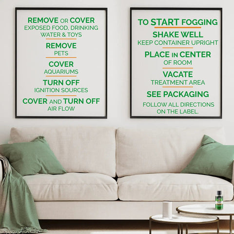 Instruction posters for Savage Insect Killer Fogger With Odor Neutralizer on living room wall, detailing usage and safety tips.