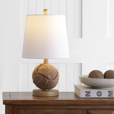 Natural Monkey Fist Rope Ball LED Table Lamp 18 Inches Coastal Nautical Iron And Rope Accent With White Linen Shade