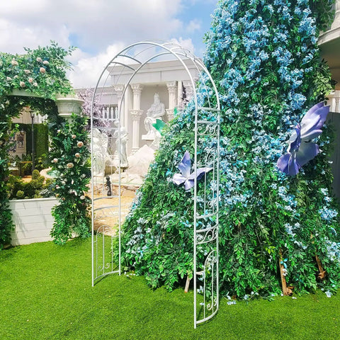 White Wedding Garden Arch Arbor With Curved Metal Archway For Climbing Plants Roses And Vines Backyard Patio Lawn Outdoor Ceremony Ready To Stand Up To Wind Heavy Duty Iron Frame With Powder Coating Anti Rust And Easy Setup