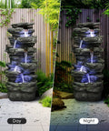 40 Inch High Six Tier Cascading Rock Outdoor Water Fountain With LED Lights for garden, shown in day and night views