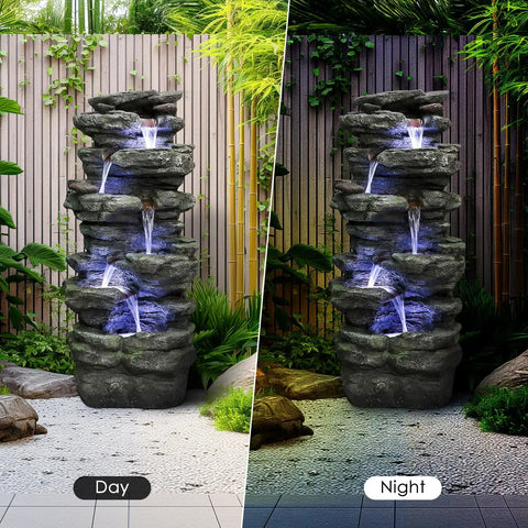 40 Inch High Six Tier Cascading Rock Outdoor Water Fountain With LED Lights for garden, shown in day and night views