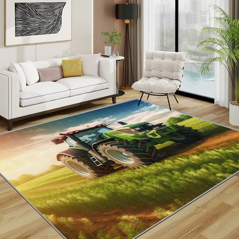 Living room with Farmhouse Tractor Pattern Area Rug 8x10 Non Slip Low Pile Machine Washable for Living Room Dining Room Kitchen.