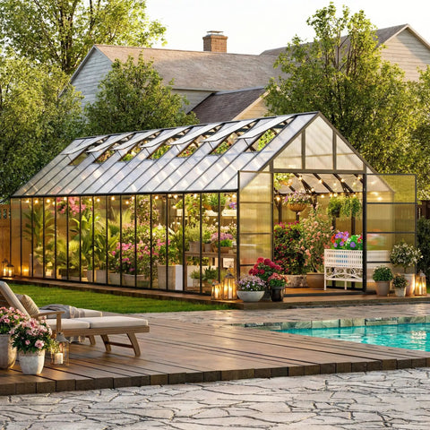 10 By 32 Ft Outdoor Greenhouse With Aluminum Frame, Polycarbonate Panels, Quick Setup, Walk In Design, Seven Vents, Heavy Duty Garden