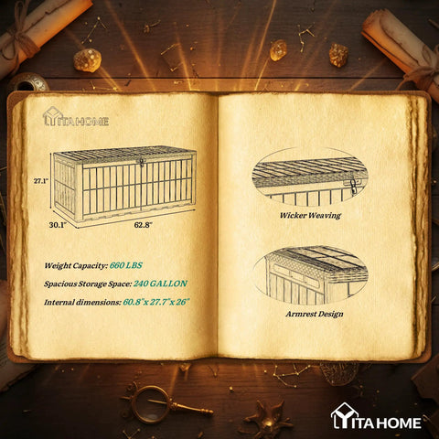 Diagram of Extra Large 240 Gallon Outdoor Deck Box With Locking Lid Waterproof Resin Storage Bench showing dimensions.