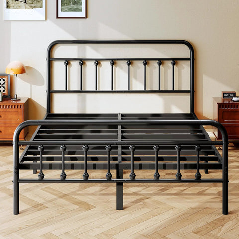 Queen Size Metal Bed Frame With Chic Victorian Headboard And Footboard Built Tough Like A Tank Skip The Box Spring Hassle Free Setup Plenty Of Under Bed Storage Black in a stylish bedroom.