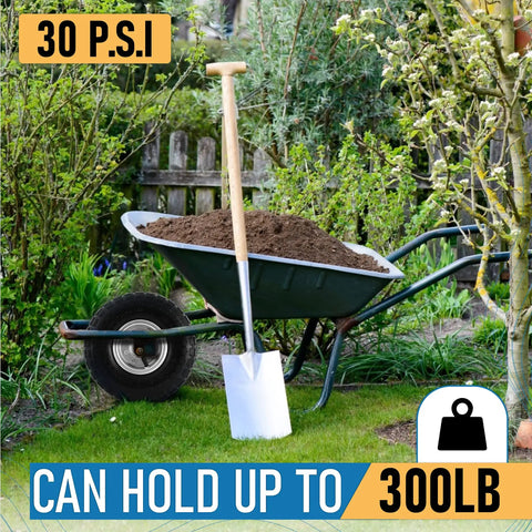 All Purpose 10 Inch Pneumatic Tire And Wheel Set For Cart Dolly Hand Truck Generator Lawn Mower Garden Wagon 4.10 By 3.50 By 4 Size Five Eighth Inch Axle Bore Double Sealed Bearings Four Pack on wheelbarrow