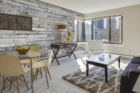 Living room with Smart Thermally Modified Barn Wood Wall Planks Nail In 5 W X 24 L 10 Sq Ft Pack Of 12 on accent wall