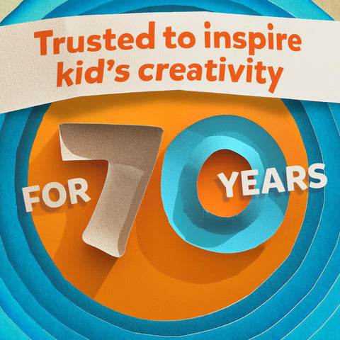 Colorful paper art with text 'Trusted to inspire kid's creativity for 70 years' on a vibrant blue and orange background.