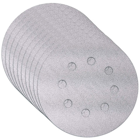 Stack of multi grit 30 piece five inch random orbit sanding disc set with eight hole hook and loop, 10 of each 80 120 240 grit discs