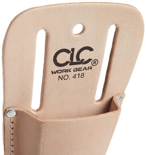 Close-up of CLC 418 logo on Heavy Duty Pliers Tool Holder Belt Pouch Closed End Leather Case Tan Molded Leather Retains Shape