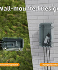 Killer Heavy Duty Outdoor Extension Cord Cover With Hinged Clear Window stops water, shown wall-mounted and on the ground.