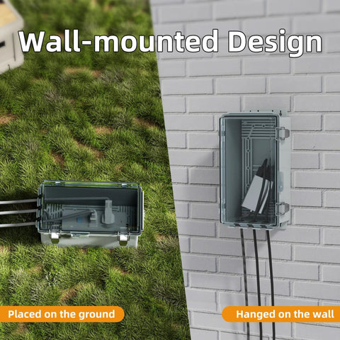 Killer Heavy Duty Outdoor Extension Cord Cover With Hinged Clear Window stops water, shown wall-mounted and on the ground.