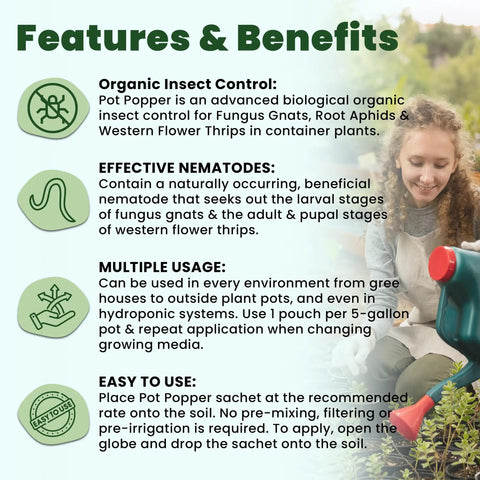 Features of Pot Popper Organic Insect Control With Beneficial Nematodes for container plants, showcasing usage details and benefits.