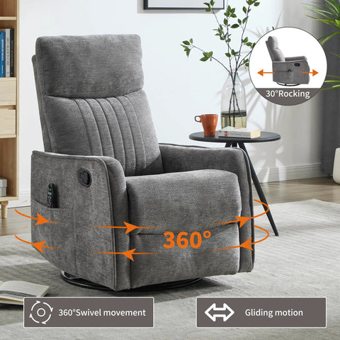 Full Body Massage Rocker Recliner With Heat Eight Vibrating Nodes For Back Lumbar And Legs Swivel And Manual Recline Space Saving Design Dark Gray Fabric shown in a living room setting