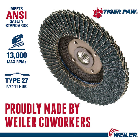 Tiger Paw Four And A Half Inch Abrasive Flap Disc Flat Ty27 with zirconia grit, phenolic backing, side view