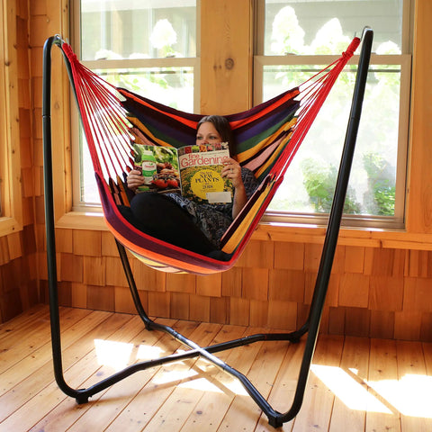 Hanging Hammock Chair With Space Saving Stand For Indoor And Outdoor Use 330 Pound Capacity Sunset Cotton Seat For Cozy Chill Lounging