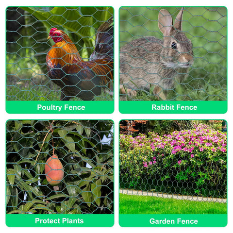Green PVC Coated Chicken Wire Netting With Galvanized Core Hexagonal Mesh 15.7 By 90.5 Inches in various fencing uses.