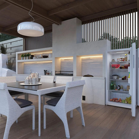 Total Game Changer 17 Cu Foot Convertible Upright Freezer And Fridge With Slick White Finish in modern outdoor kitchen setting.