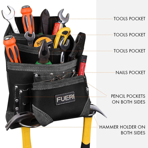 Black Full Grain Leather Tool Pouch With 10 Pockets And Dual Hammer Holster Worksite Ready Heavy Duty Tool Belt Bag for tools