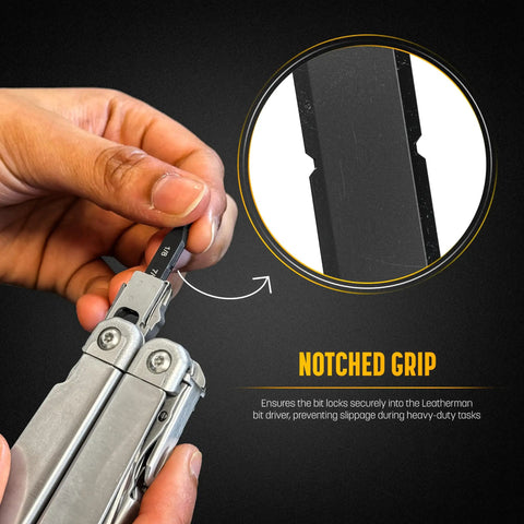 Hand holding 22 Piece Double Sided Bit Kit Workhorse With Flat End Ratchet Driver For Multitools Pro Grade 59HRC S2 Steel Bits, notched grip focus