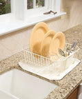 Clear Plastic Dish Drainer for Countertop with Over Sink Lip Sloped Drainer Board Returns Water to Sink, on kitchen counter