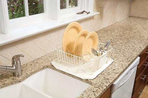 Clear Plastic Dish Drainer for Countertop with Over Sink Lip Sloped Drainer Board Returns Water to Sink, on kitchen counter