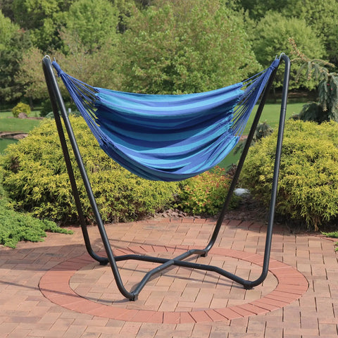 Hanging Hammock Chair With Space Saving Stand For Indoor Or Outdoor Use Cotton Seat Comfort 330 Pound Capacity Beach Oasis Vibes