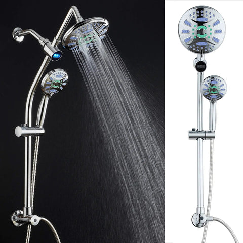 No-Drill 34-Inch Shower Bar With LED Temperature Display, 3-Way Rain And Handheld Shower Head, Stainless Steel Chrome with water flow